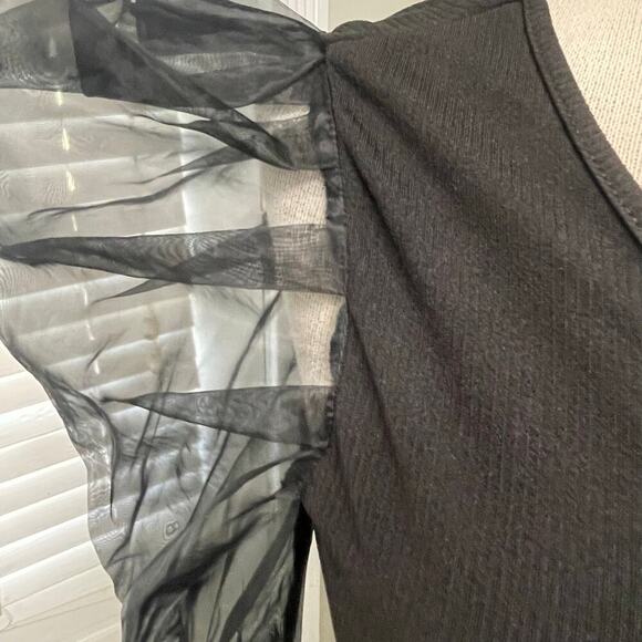 TCEC Size Small Black Women Bodysuit One Shoulder Sheer Sleeve Ribbed Top - Picture 2 of 4